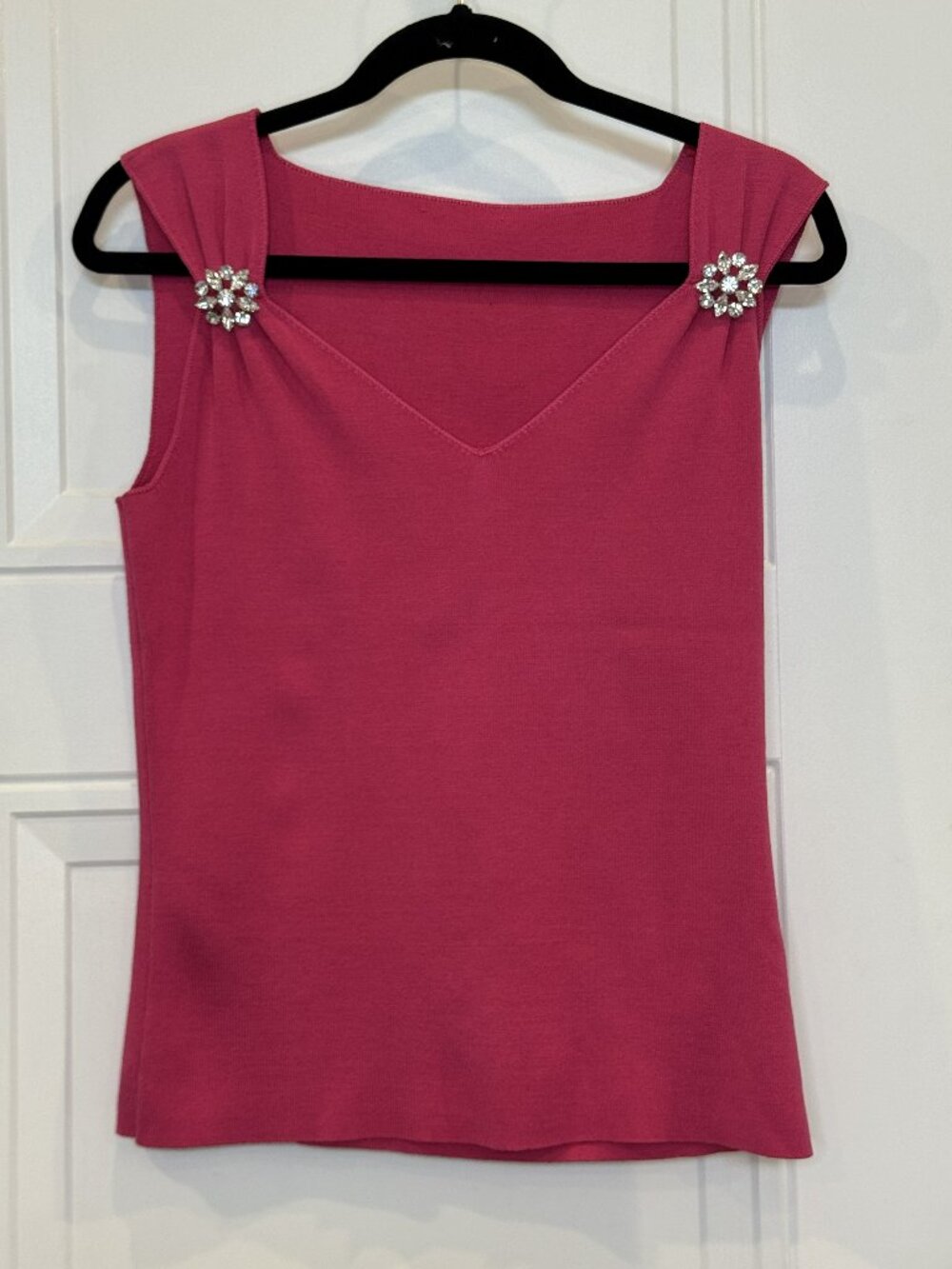 Pink Rhinestone Flower Shoulder Sleeveless Top EUC